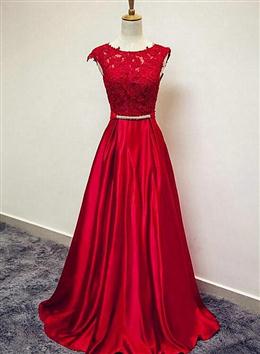 Picture of Pretty Red Color Satin and Lace Round Neckline Evening Gown, A-line Formal Gown